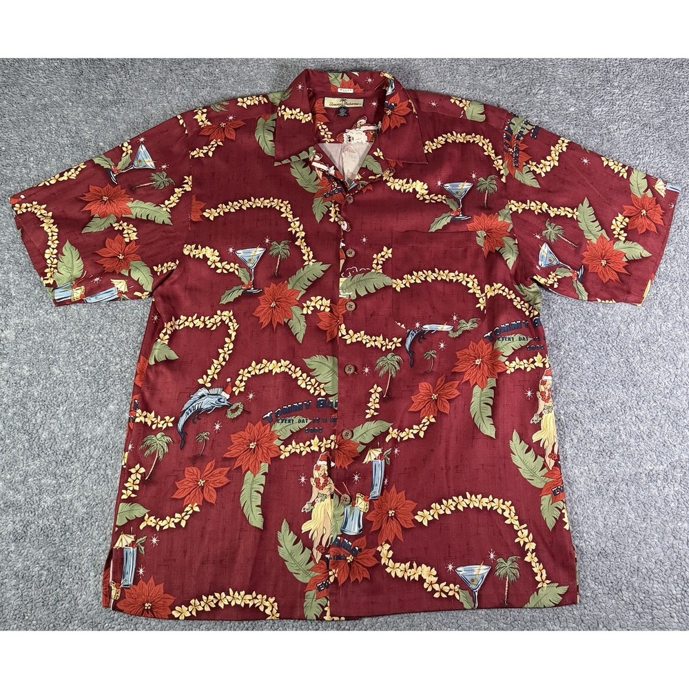 VTG Tommy Bahama 100% Red Silk Shirt Hula Girl Surfing Santa Men's Large 2002